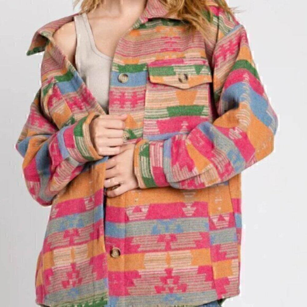 Aztec Western Colorblock Long Shacket Color Block Ethic Button Jacket M